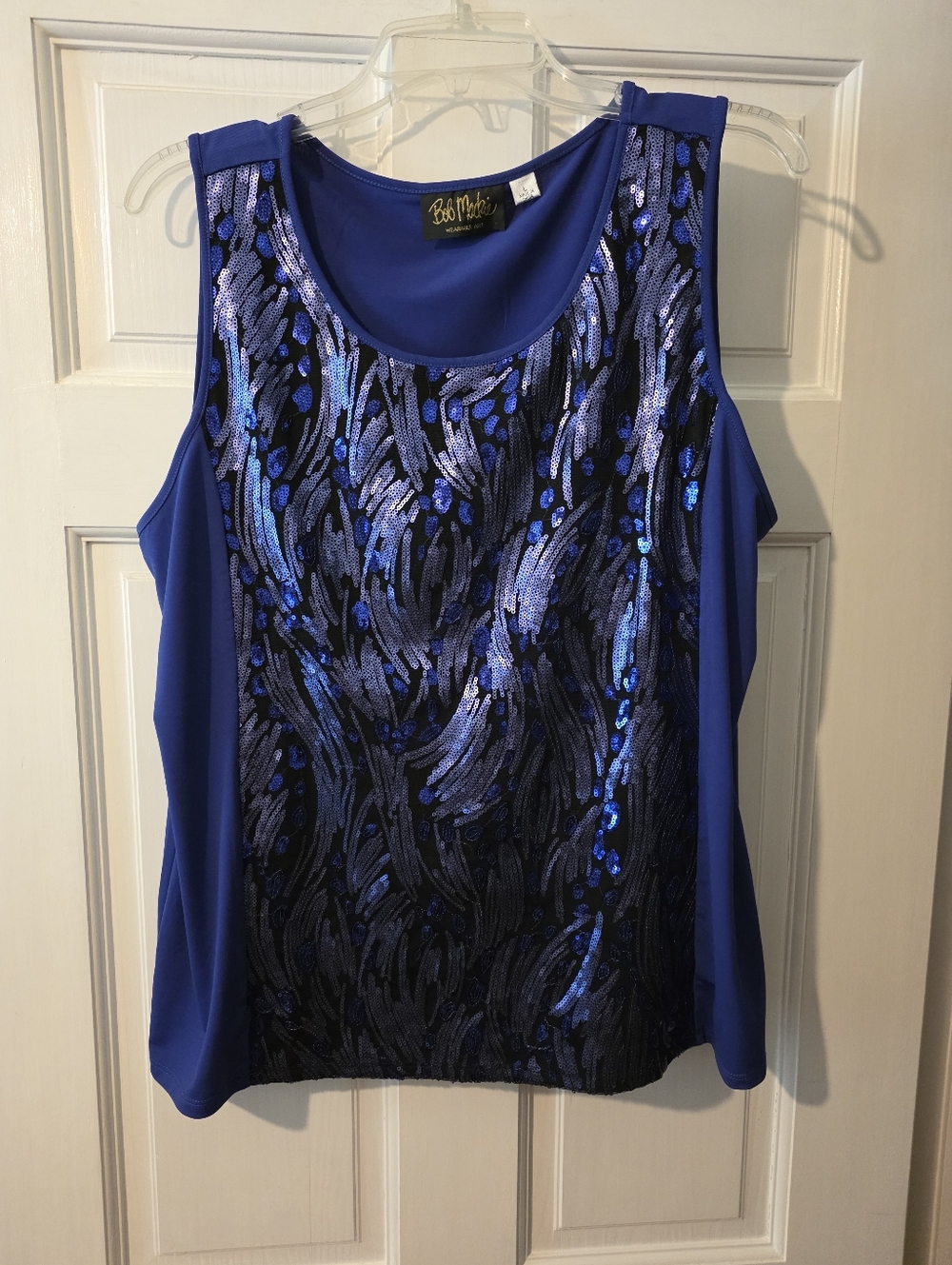 Bob Mackie Blue and Black Sequin Scoop Neck Tank,  Sz Large